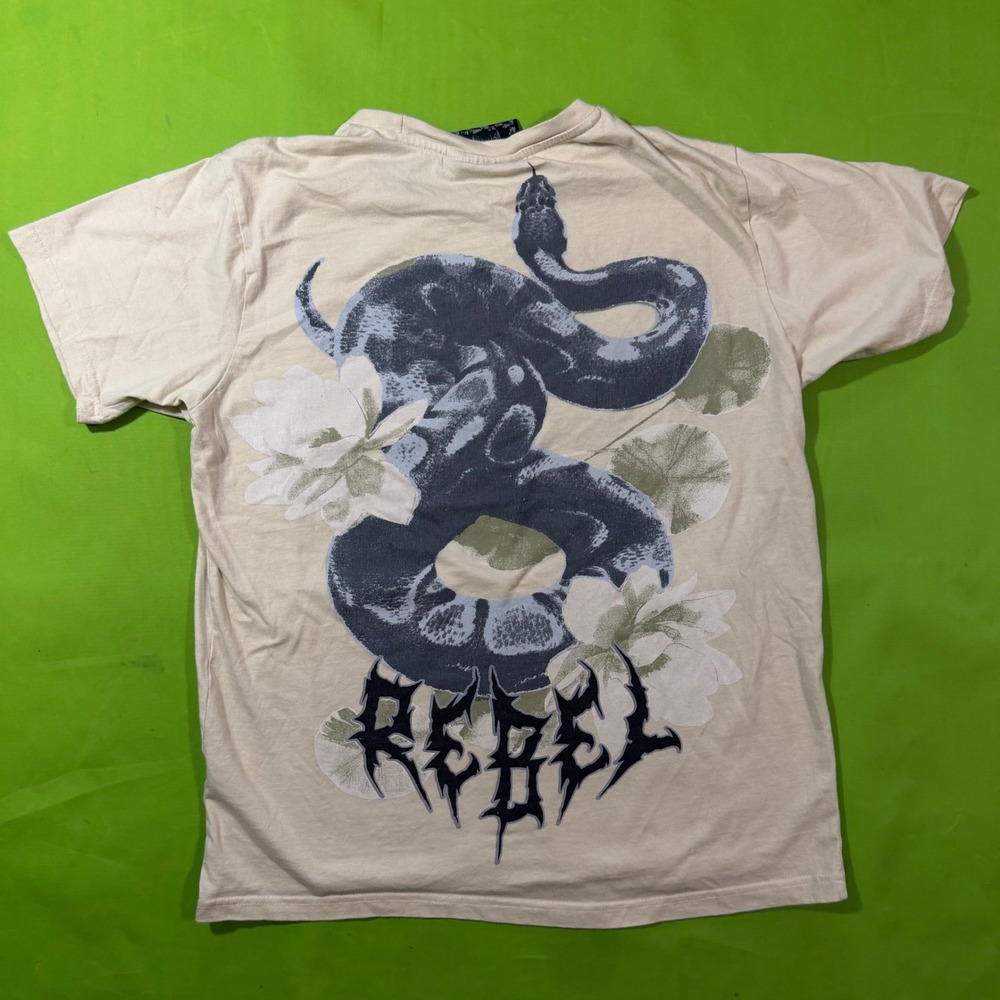 Rebel Vengeance Snake Mens Large Cream Floral Graphic T-Shirt Streetwear Tee